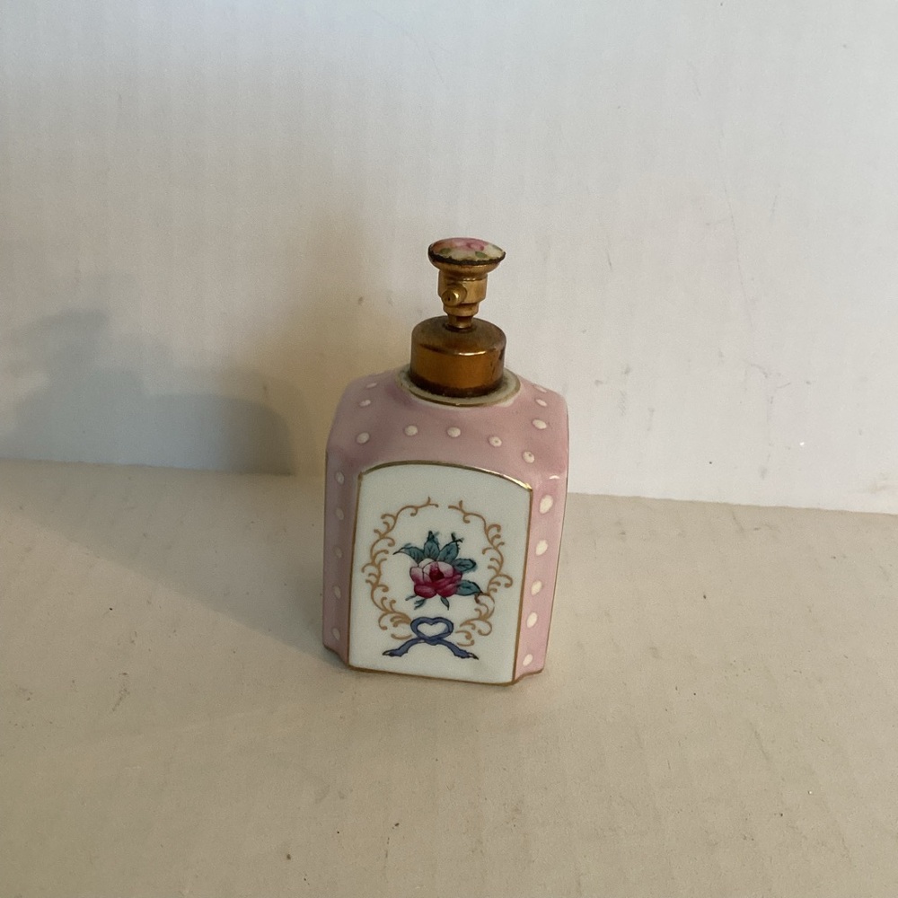 Vintage Irice Perfume Bottle Hand Painted Pink Roses Polka Dot Gold Accents